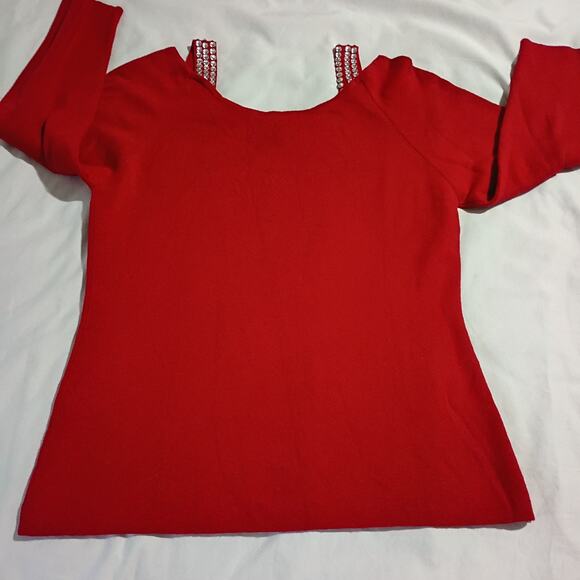 CHRISTMAS Sweater Medium Peak-a-Boo Shoulder Bedazzled Red 3/4-sleeved Tunic - Picture 5 of 9